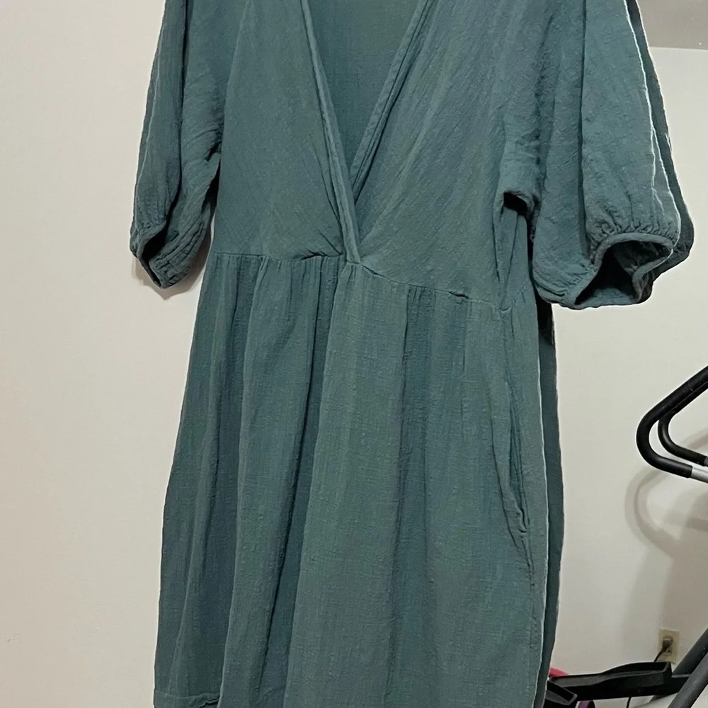 Madewell teal wrap front puff sleeve cotton dress - Picture 2 of 5